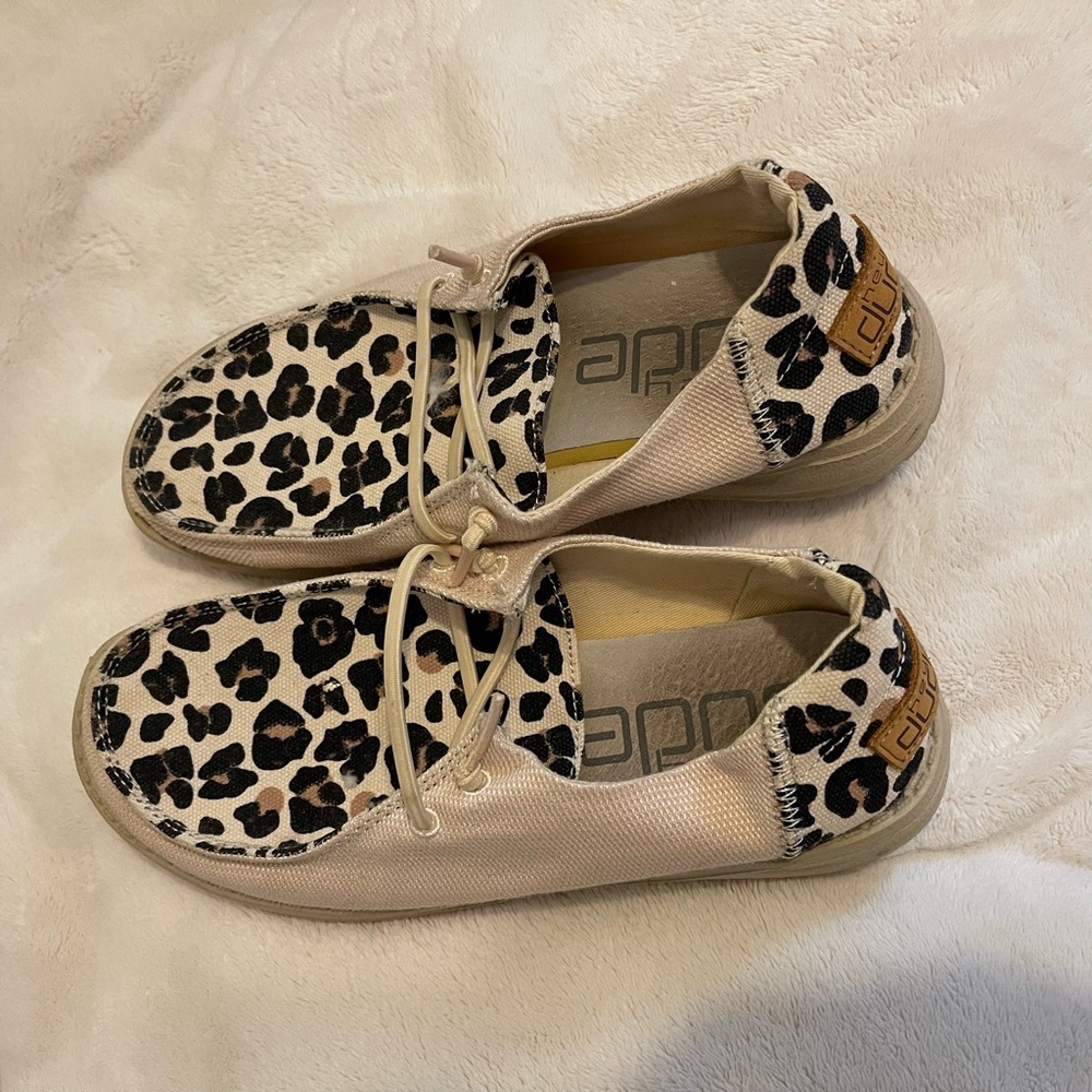 Hey Dude Womens Leopard Print Moccasins in Beige and Black